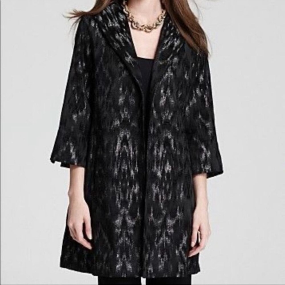 Eileen Fisher Blurred Ikat Embers Jacquard Coat Black and Silver